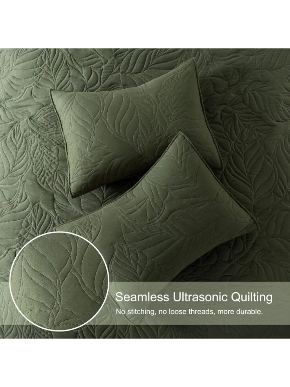 Olive Green King Quilt Set - Soft Lightweight Bedspread, Rustic Leaf Pattern, 3